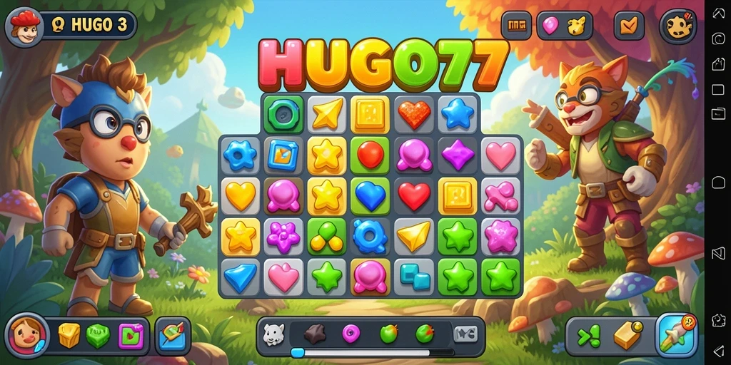 Tampilan seru gameplay HUGO77 dengan elemen Match-3 yang berwarna-warni.