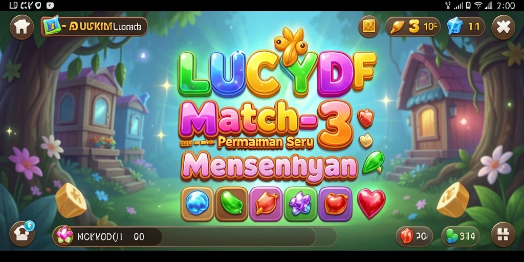 Tampilan gameplay LUCKYDF dengan kombinasi permata berwarna-warni.