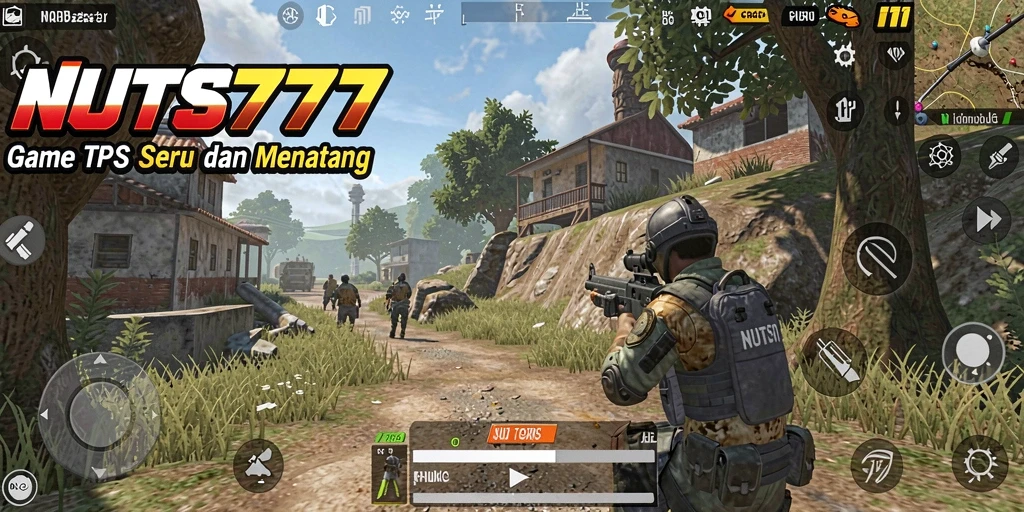 Screenshot utama NUTS777 menampilkan aksi tembak-menembak yang intens.