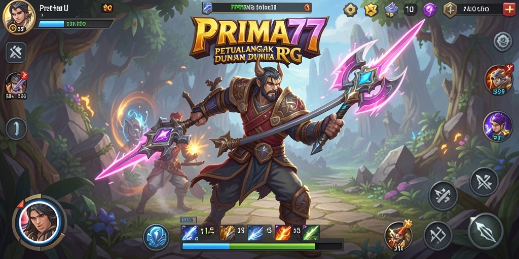 Screenshot utama PRIMA77 menampilkan pertarungan epik dengan efek visual menawan.
