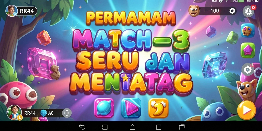 Tampilan gameplay RR44 yang penuh warna dan seru dalam permainan Match-3.
