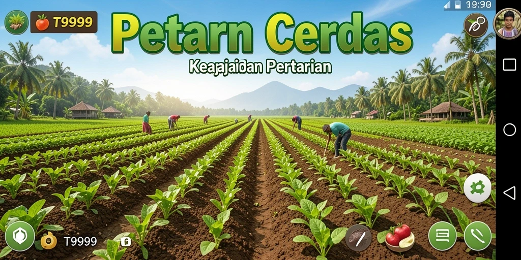 Tangkapan layar gameplay T9999 menunjukkan ladang hijau yang subur.